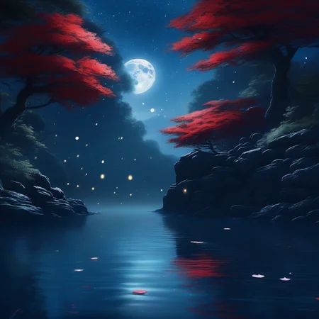 cinematic, (masterpiece), (best quality), (ultra-detailed), very aesthetic, illustration, perfect composition, intricate details, (anime, masterpiece, intricate:1.3), (best quality, hires textures, high detail:1.2), (4k),(incredibly detailed:1.4)  rocks, white leaf trees, glittery mist, moonlight, sky, lots of stars in the sky, water has a beautiful reflection, floating lanterns a above the water, red flower petals in the water, celestial moon , Anime art style,  depth of field. natural lighting.  dense beautiful forest.