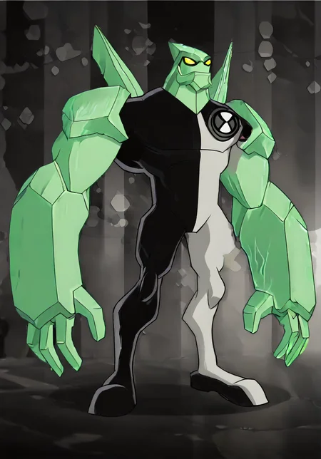 score_9, score_8_up, score_7_up, screencap, <lora:ben10-08:1> ben10, solo, no humans, full body, bodysuit, badge,detailed background, <lora:Diamondhead:1> yellow eyes, turquoise skin, diamond body, large hands, black and white spandex, sharp body, no humans, solo, alien, muscular