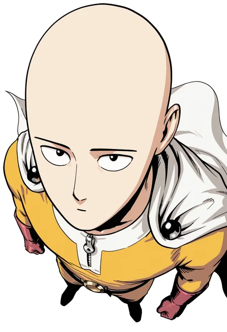 male, solo, alone, 1boy, male focus, (bald, yellow bodysuit, zipper, black belt, red gloves, cape,), (, from above, (side angle:1.2), looking up at viewer, ),
BREAK
(solid white background, ), sa1tama, parody, , DR, 8K, beautiful, high contrast, masterpiece, best quality, amazing quality, very aesthetic, absurdres, newest, depth of field, ray tracing, dynamic angle,