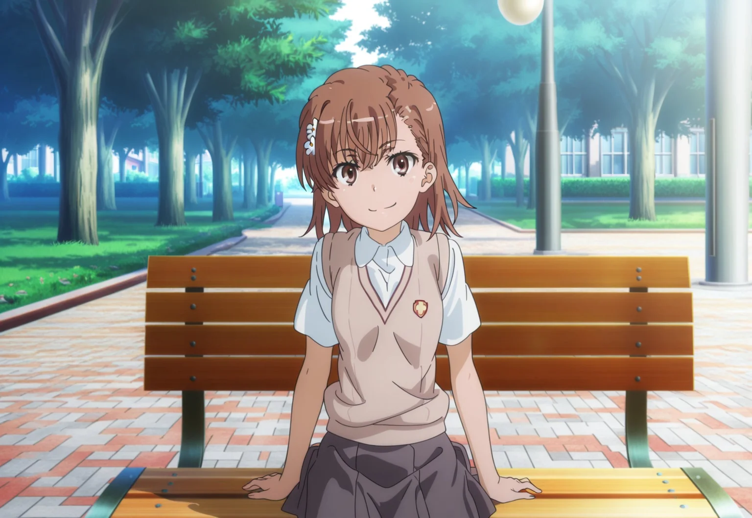 masterpiece, best quality, absurdres, highres, intricate details, very aesthetic, accurate art style, anime screencap, anime coloring, flat colors, official screencap, style parody, official art, proper proportions, extremely detailed, newest, 2025, BREAK, 1girl, misaka mikoto, short hair, brown hair, hair ornament, hair flower, school uniform, tokiwadai school uniform, white shirt, brown sweater vest, short sleeves, v-neck, skirt, white socks, loafers, brown loafers, shoes, BREAK, smiling, sitting, looking at viewer, BREAK, detailed background, outdoors, park, lamp, bench, day, BREAK, cowboy shot, BREAK, vibrant colors, bloom, vignette, cinematic lighting, 75% soft lighting, 25% dark lighting