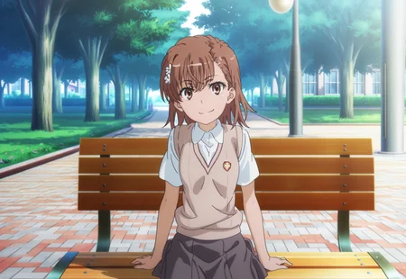 masterpiece, best quality, absurdres, highres, intricate details, very aesthetic, accurate art style, anime screencap, anime coloring, flat colors, official screencap, style parody, official art, proper proportions, extremely detailed, newest, 2025, BREAK, 1girl, misaka mikoto, short hair, brown hair, hair ornament, hair flower, school uniform, tokiwadai school uniform, white shirt, brown sweater vest, short sleeves, v-neck, skirt, white socks, loafers, brown loafers, shoes, BREAK, smiling, sitting, looking at viewer, BREAK, detailed background, outdoors, park, lamp, bench, day, BREAK, cowboy shot, BREAK, vibrant colors, bloom, vignette, cinematic lighting, 75% soft lighting, 25% dark lighting