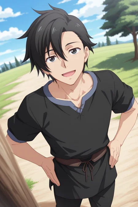 masterpiece, best quality, amazing quality,high resolution, intricate details,official style,depth of field,anime screencap, , , 1boy, solo, male focus, <lora:kelvin_celsius:0.77>,kelvin celsius,black hair,black eyes,side swept,short hair,looking at viewer, smile, open mouth, standing,medieval shirts,medieval tunic,short sleeves, :D, outdoors, sky, pants, day, cloud, blue sky, tree, black pants, hands on own hips,from above,look up