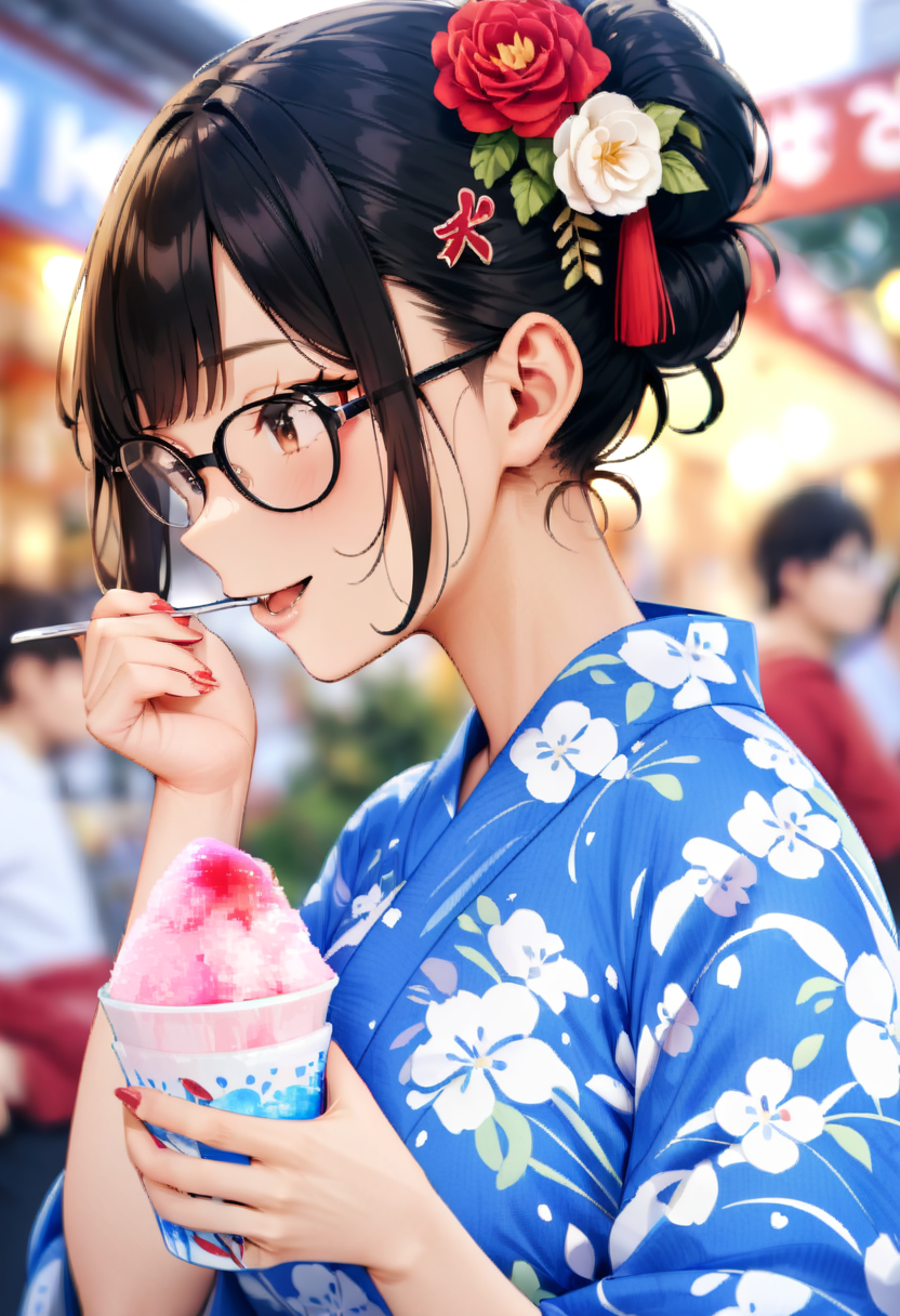 masterpiece, best quality, very aesthetic, absurdres,
1girl, solo, glasses, black hair, short hair, hair bun, hair ornament, yukata, floral print,
holding spoon, holding, holding food, kakikoori_red, shaved ice, food, spoon, outdoors, blurry background,
 <lora:kakikoori_SDXL_V2:1>