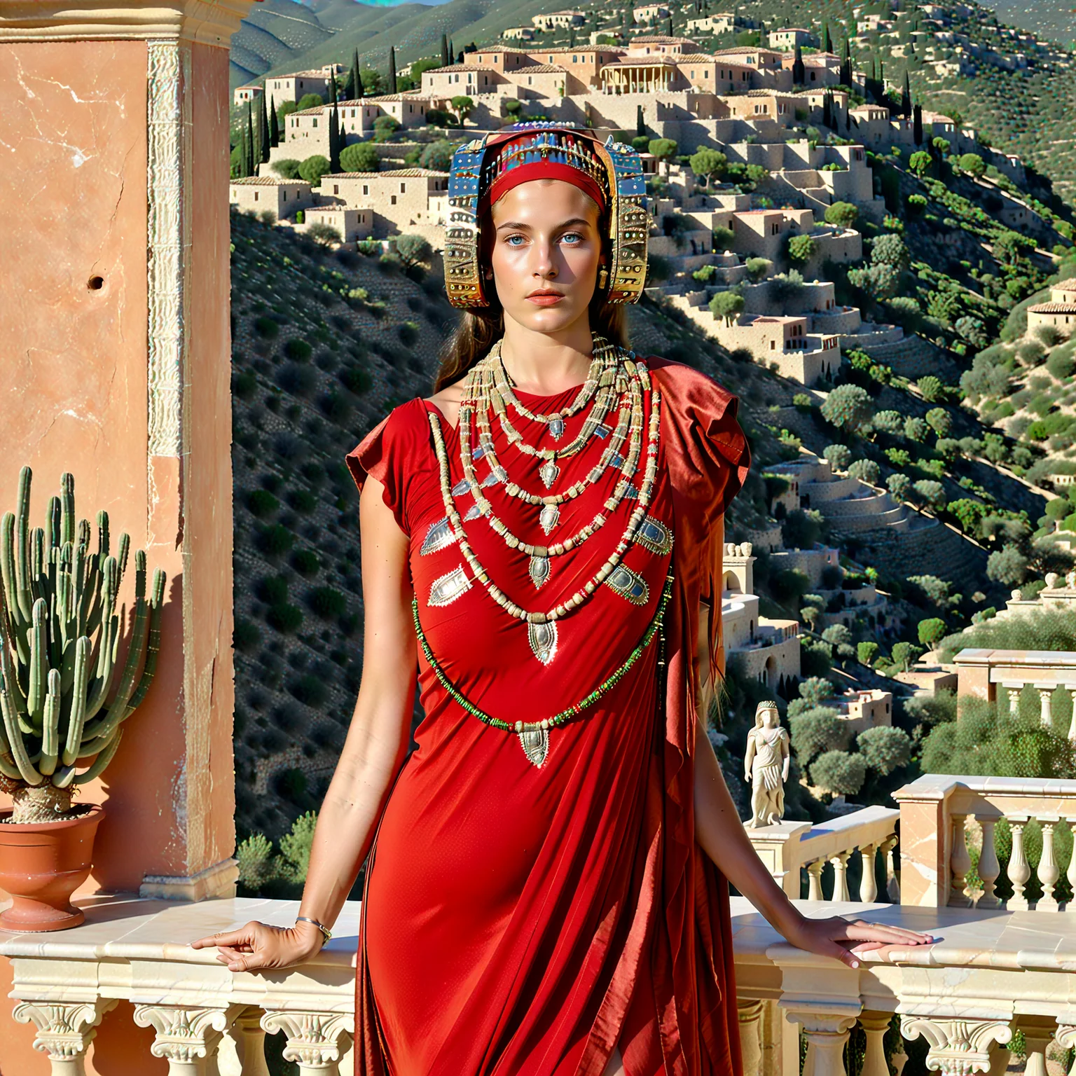 1girl, full body, ((3lch3)), (((detailed, looks like real life, hellenistic influences))), medium breasts, presenting, ancient, costume, headdress, rodetes hair, rodetes-enhanced, (regal, titsy queen:1.5), (luxurious setting:0.9), (lush green foothills mountains), hazy, raylighting, (villa, marble, (luxurious terrace:1.4)), (erotic tropical environment:0.7) <lora:Lady_of_Elche_SDXL:0.8> <lora:LCMTurboMix_Euler_A_fix:0.4>