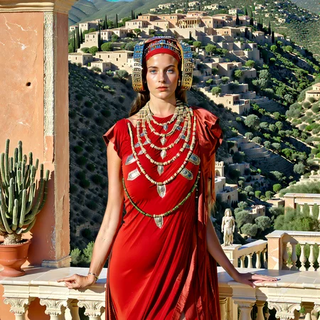 1girl, full body, ((3lch3)), (((detailed, looks like real life, hellenistic influences))), medium breasts, presenting, ancient, costume, headdress, rodetes hair, rodetes-enhanced, (regal, titsy queen:1.5), (luxurious setting:0.9), (lush green foothills mountains), hazy, raylighting, (villa, marble, (luxurious terrace:1.4)), (erotic tropical environment:0.7) <lora:Lady_of_Elche_SDXL:0.8> <lora:LCMTurboMix_Euler_A_fix:0.4>