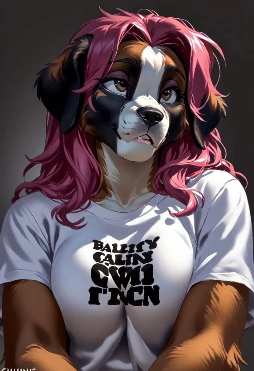 score_9, score_8_up, score_7_up, (by kittydee:1.5), (by jailbird:1.5), (by zummeng:1.5), masterpiece, best quality,
(Furry Art: Anthro: Saint Bernard:1.5), 1girl, expressive eyes, feminine eyes, perfect face, feminine face, (floppy dog ears), multicolored fur, (black fur markings around eyes), (large breasts), perfect face, brown eyes, pink hair, (long hair), (t-shirt)