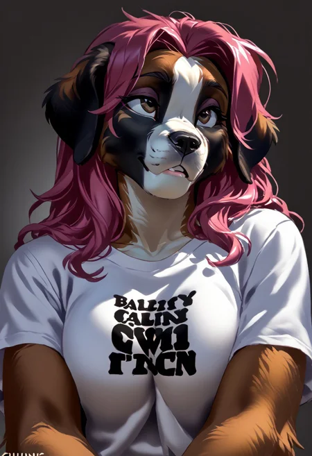 score_9, score_8_up, score_7_up, (by kittydee:1.5), (by jailbird:1.5), (by zummeng:1.5), masterpiece, best quality,
(Furry Art: Anthro: Saint Bernard:1.5), 1girl, expressive eyes, feminine eyes, perfect face, feminine face, (floppy dog ears), multicolored fur, (black fur markings around eyes), (large breasts), perfect face, brown eyes, pink hair, (long hair), (t-shirt)