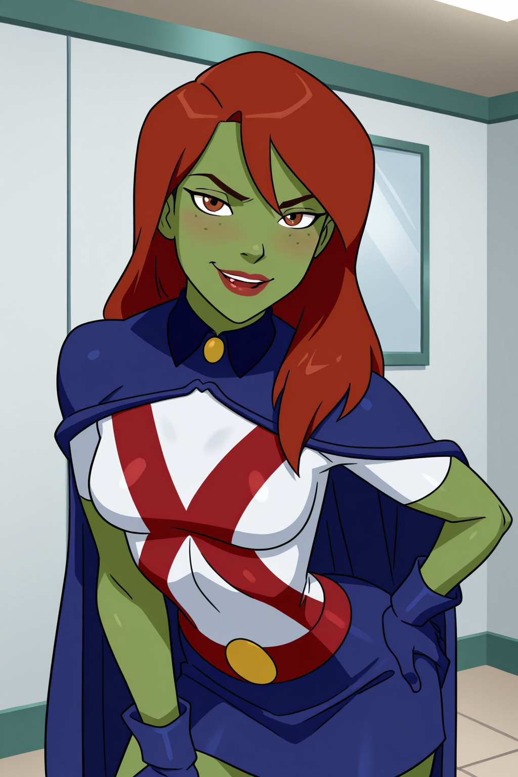(((parody)), perfect anatomy, perfect eyes, cowboy shot) BREAK <lora:MissMartianIL:1> mgann morzz, colored skin, green skin, freckles, long hair, red hair, brown eyes, lipstick, sultry eyes, naughty face, ((looking at viewer)), superhero, cape,  gloves, skirt, showing off body, hand on hip, teasing viewer, arched back, indoors