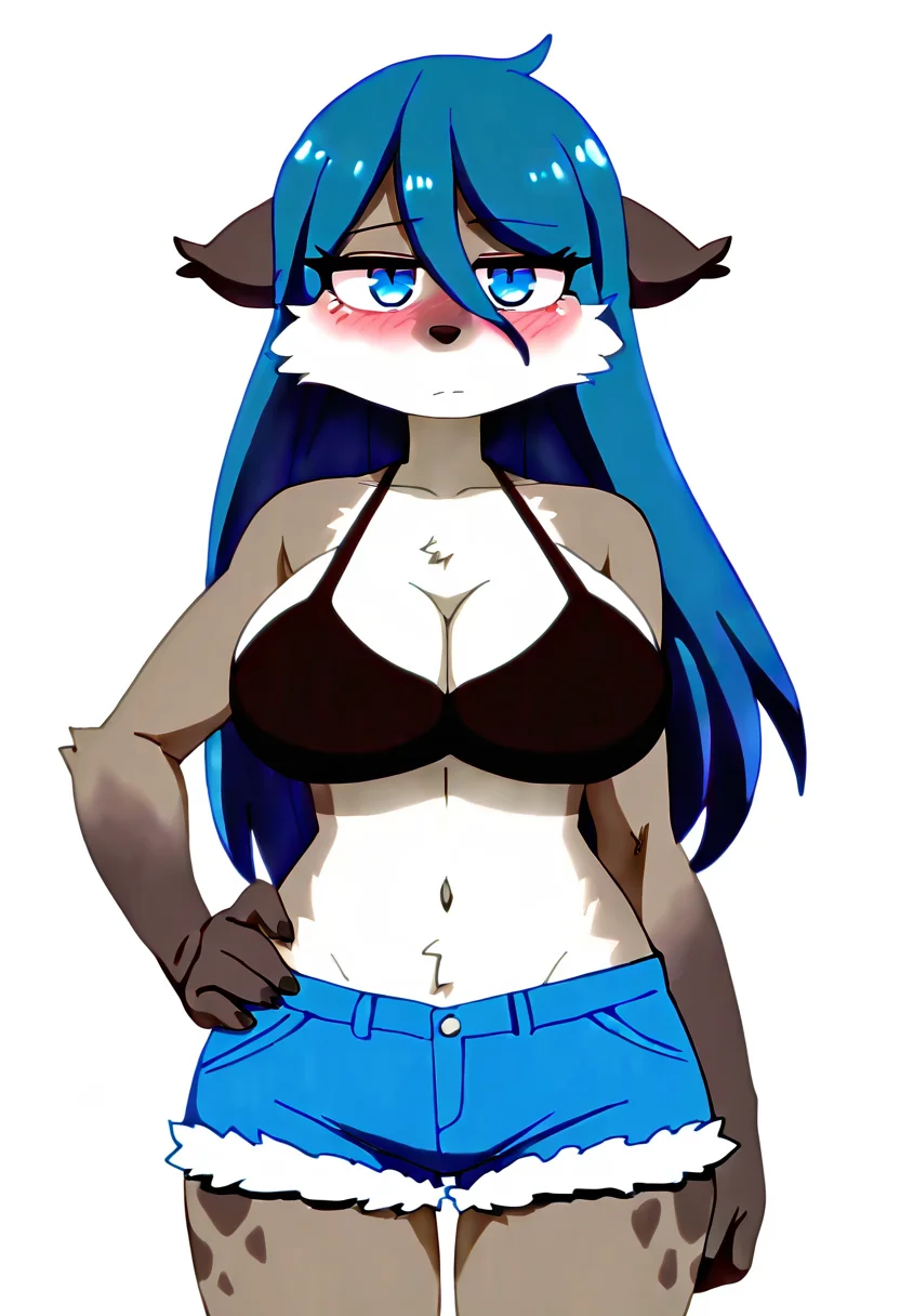 (masterpiece, best quality, good quality, very aesthetic, absurdres, newest:1.2), 1girl, solo, eyelashes, (beautiful eyes), long hair, blush, large breasts, navel, animal ears, cleavage, bare shoulders, blue hair, swimsuit, bikini, hand on hip, short shorts, black bikini, denim, bikini top only, furry, blue shorts, denim shorts, furry female, <lora:IshuzokuReviewersNAI:1.0>,