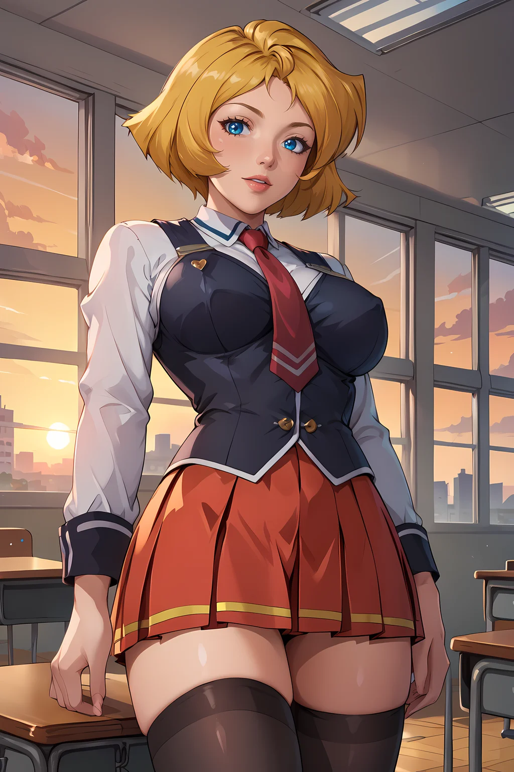 <lora:brj-cloverXL-pony-v0.5:0.7> clover \(totally spies\), blonde hair, short hair, blue eyes, large breasts, solo, school classroom, sunset,yellow sky,
Leaning back, elbows on the floor,,
<lora:bible_black_uniform_xl_v3:0.8> school uniform, white shirt, black vest, black thighhighs, red skirt, red necktie