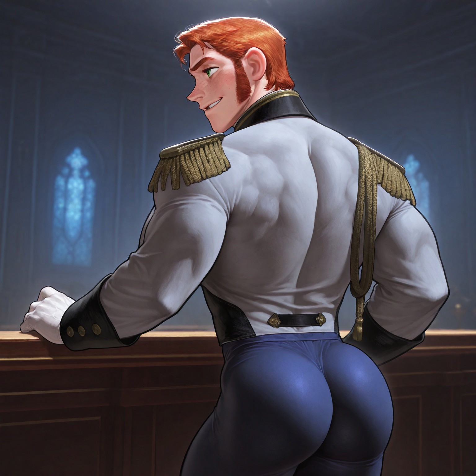 masterpiece, best quality, absurdres, newest, perfect quality, best quality, absolutely eye-catching, detailed background, intricate details, bara, 1boy, male, male focus, solo, ginger hair, short hair, middle part, sideburns, green eyes, freckles, blue trousers, black boots, magenta cravat, blue shirt, indigo vest, black epaulets, gold aiguillette, gray-and-black blazer, bara, muscular, large pectorals, large biceps, looking away, cowboy shot, from the back, ass, smirk, very awa, best quality, absurdres, newest, perfect quality, detailed background, intricate details, (artist:rokudenashi:0.8), (artist:dizdoodz:0.7), (artist:gomtang:0.6)