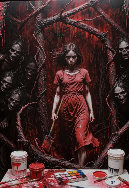 oneironartifex, 1girl possessed painter, emerging from the demonic otherworld, infernal limbo, black and white, red-pink color scheme, impasto technique, eerie, atmospheric, menacing, highly detailed, 4k, masterpiece <lora:dmd2_sdxl_4step_lora> <lora:xl_oneironartifex>