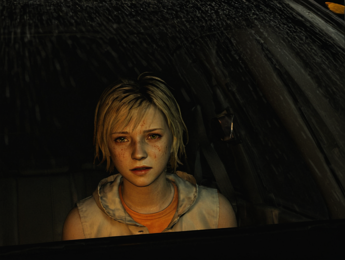 sh3heather, heather inside a motor vehicle, night, dark, rain, car, yellow light, orange light, <lora:sh3heather:0.6>