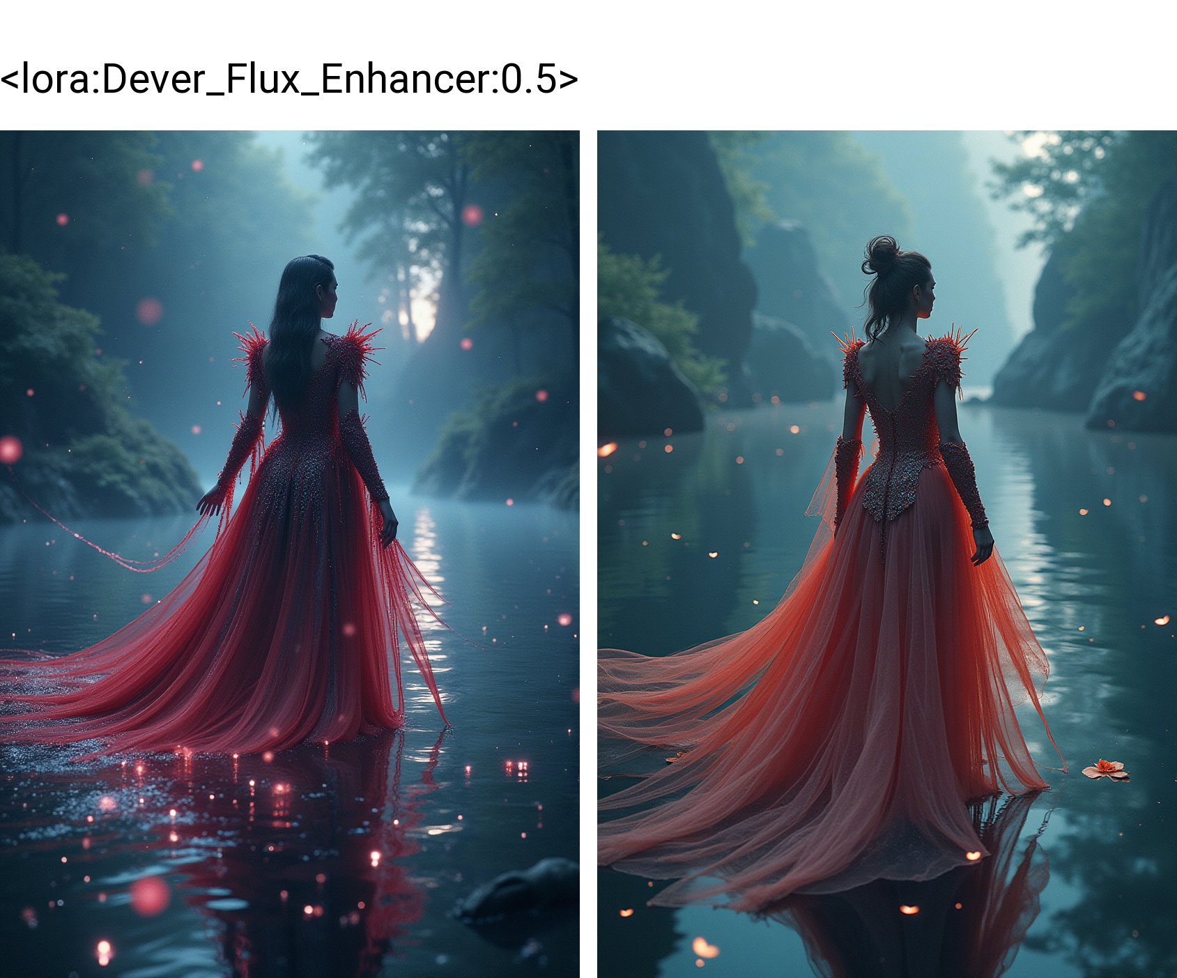 a woman wearing a large flowing evening gown exoskeleton mycelium armor glides above a shimmering lake, acidwave, aesthetic epic, trending on artstation, intricate artwork by Tooth Wu and Greg Rutkowski, octane render, cinematic, hyperrealism, magic night visions
<lora:Dever_Flux_Enhancer:0.5>
