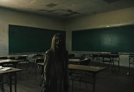 ab0m ((in a full highschool classroom during the day)), <lora:ab0m1-000002:1> , horror scene, glowing eyes, depth of field, extremely detailed, (((creepy))), (((scary)))