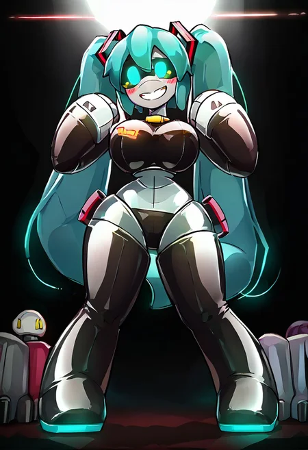 (score_9), score_8_up, score_7_up, score_6_up, [score_5_up, score_4_up], (solo:1.2), low angle, sexy pose, ((glossy inflatable miku hatsune as a robot MD-Doll)), (glistening, glistening body, very shiny glossy reflective inflatable, shiny highlights, (toy proportions:1.5)), (living inflatable, seams, featureless hands, featureless feet, bappers, large bappers, bapper arms, seams on skin), animate inanimate, (short, curvy, wide hips, full body, standing, legs apart, android, joints, MD-Doll black visor with aqua eyes), bottom heavy, (simple rounded inflatable aqua hair with twintails, shiny inflatable aqua twintails with seams), ((MD-Doll)), robot, miku hatsune, (wearing red and black rubber clothes, glossy red rubber clothes, glossy black latex clothes), (squishing one hand on face, squishing one hand on breast) shocked, confused, worried, simple background, painted-on smile, permagrin, very shiny, glossy, pooltoy, toy nozzle on stomach, toy handles, blushing, embarrassed, fingerless, perfect lighting, perfect shading, vibrant lighting, bright highlights, glossy rubber texture, shiny latex texture, large thighs, large breasts, large simple inflatable head, glossy white head with black visor, shiny rubber white and grey metal robot MD-Doll skin