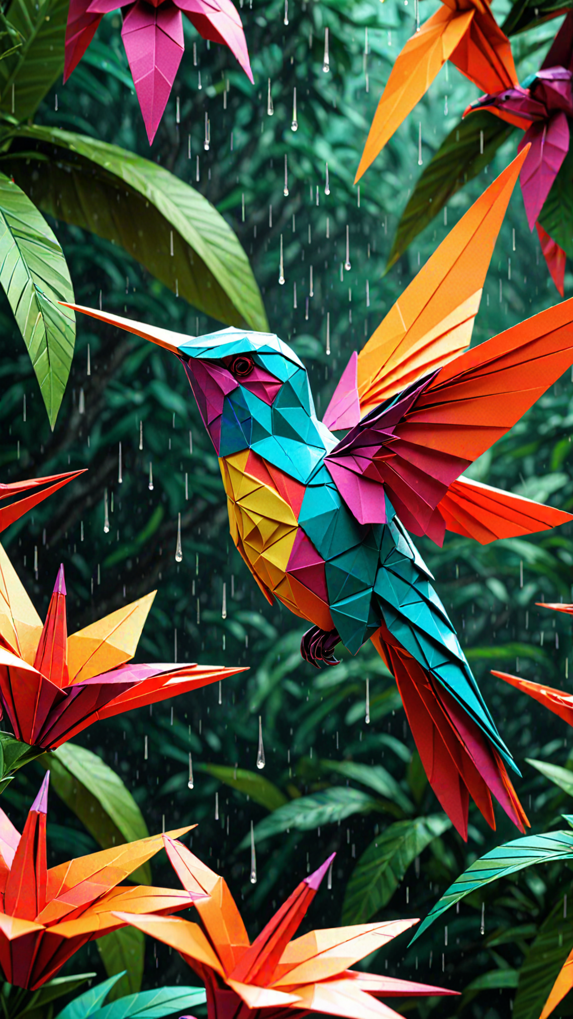 The art of Origami, Paper folding, Origami, Humming Bird, Tropical flower, Rain Forest,  insanely detailed and intricate, hyper maximalist, elegant, hyper realistic, super detailed, vivid colours, sunrise, ornate, dynamic, articulate, 8K, Amazing colours, Intricate details, Painstaking Attention to Details, 3D render, UHD