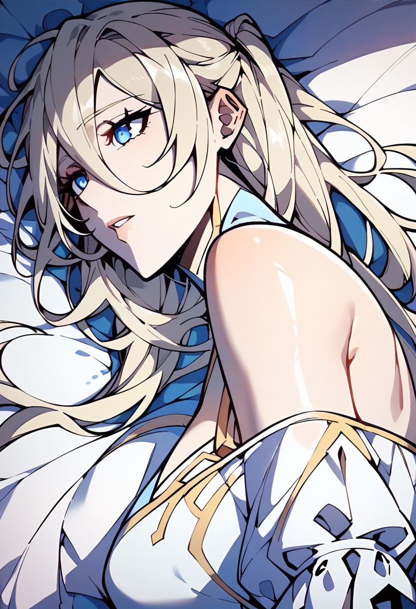score_9,score_8_up,score_7_up,score_6_up, easynegative, Magnus_PS, blonde hair, albedo (genshin impact), lying, 1girl, parted lips, blue eyes, female focus, on side, bed sheet, epiCPhoto