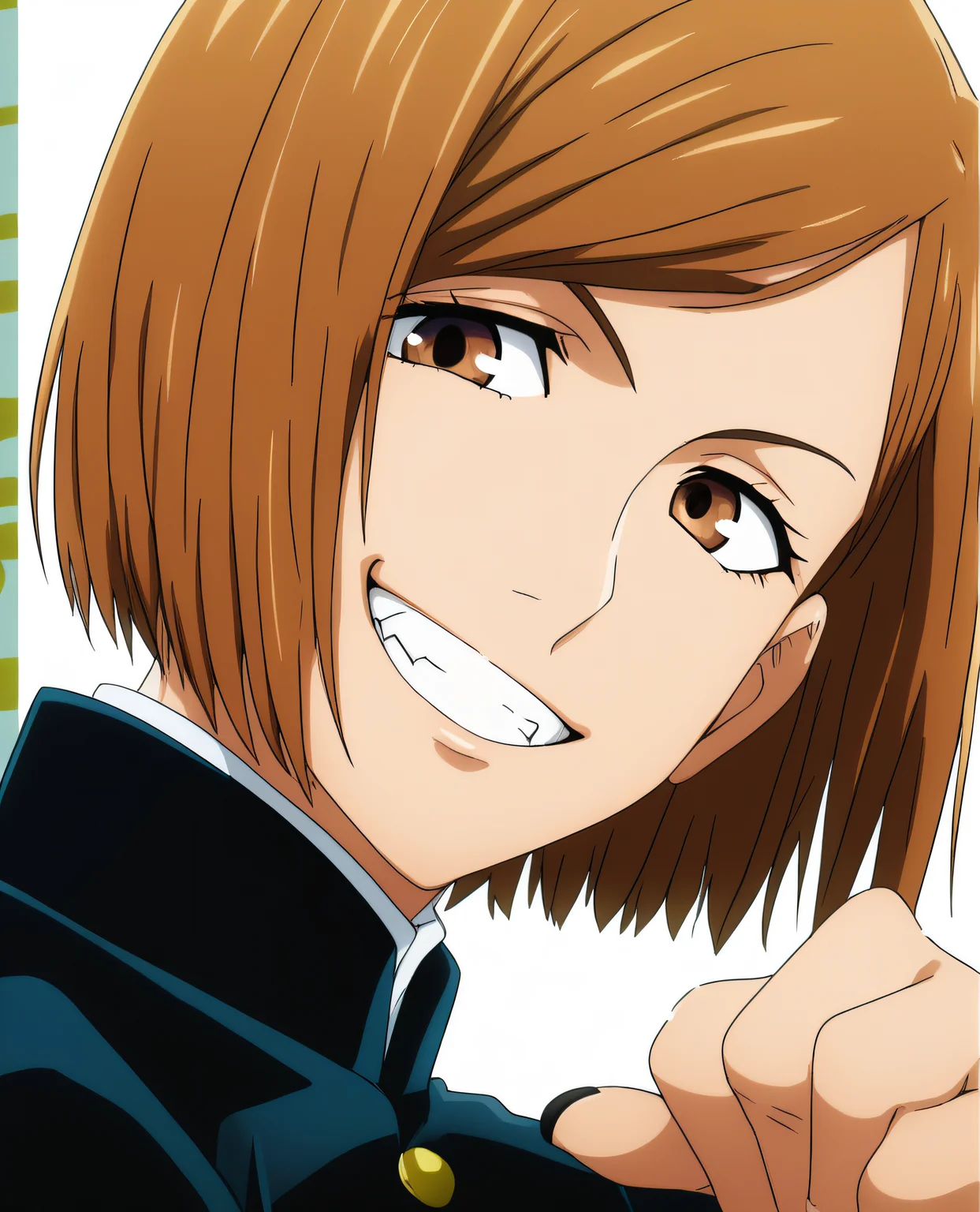 Nobara, 1girl,solo,looking at viewer,smile,short hair,bangs,brown hair,brown eyes,school uniform,jacket,upper body,teeth,grin,swept bangs,portrait,gakuran,nail,kugisaki nobara <lora:Spike:0.7>
