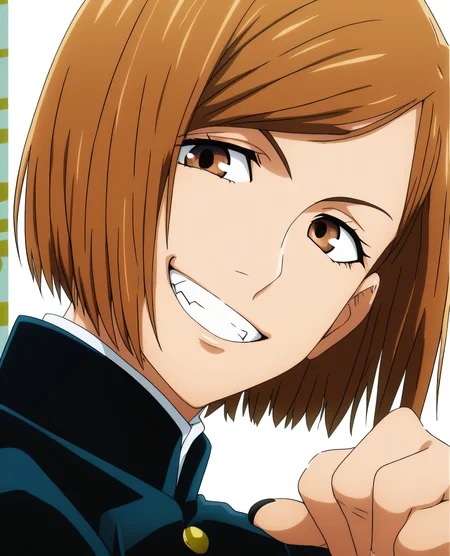 Nobara, 1girl,solo,looking at viewer,smile,short hair,bangs,brown hair,brown eyes,school uniform,jacket,upper body,teeth,grin,swept bangs,portrait,gakuran,nail,kugisaki nobara <lora:Spike:0.7>