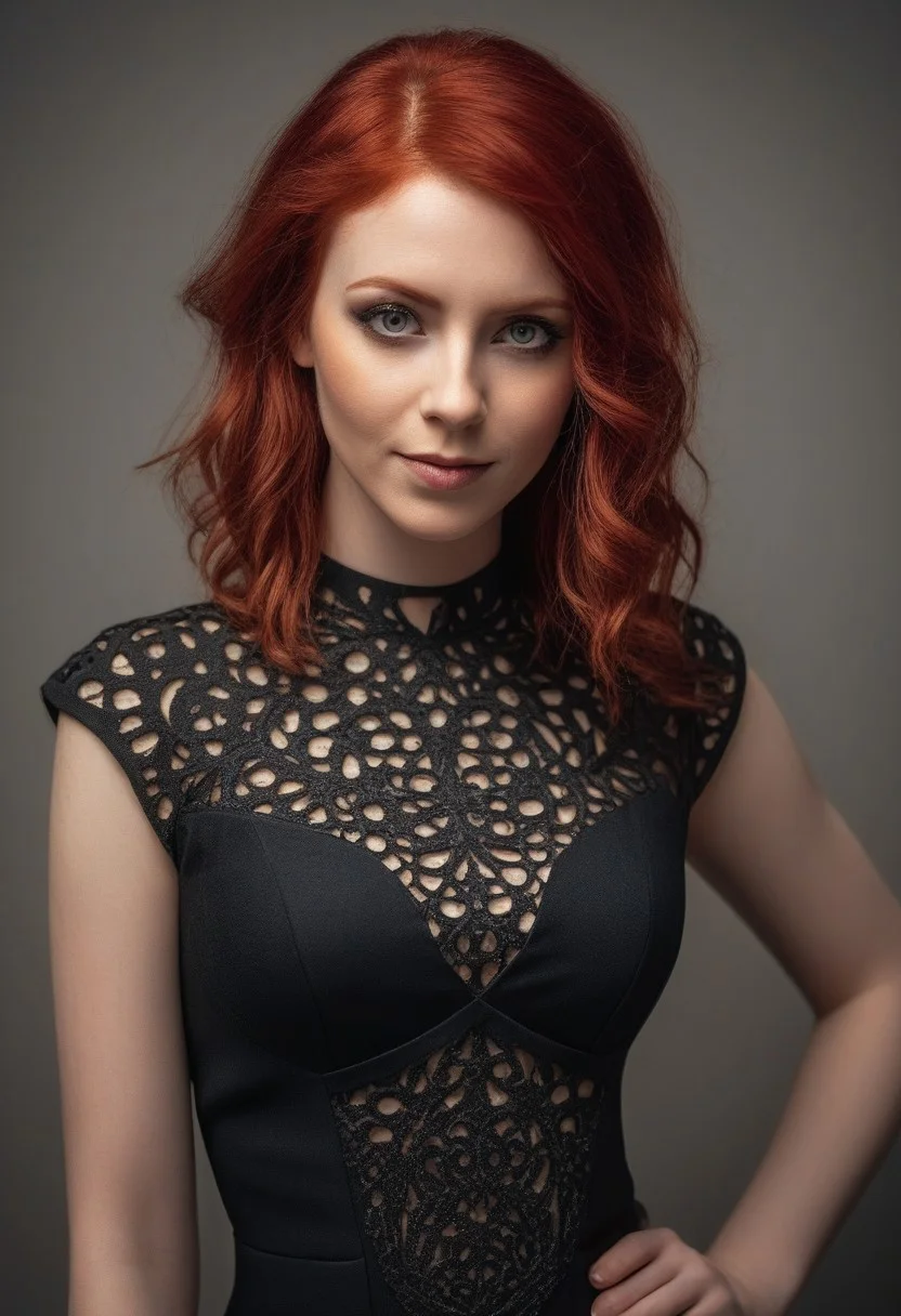 Enchantress, Woman wearing black filigree cutout dress, red hair, half body view, looking at the viewer, sharp focus, slight smile, photograph, 4k resolution, golden ratio, trending on art station, ultra high quality model, sharp focus,