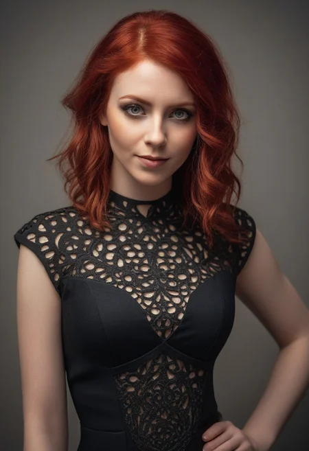 Enchantress, Woman wearing black filigree cutout dress, red hair, half body view, looking at the viewer, sharp focus, slight smile, photograph, 4k resolution, golden ratio, trending on art station, ultra high quality model, sharp focus,