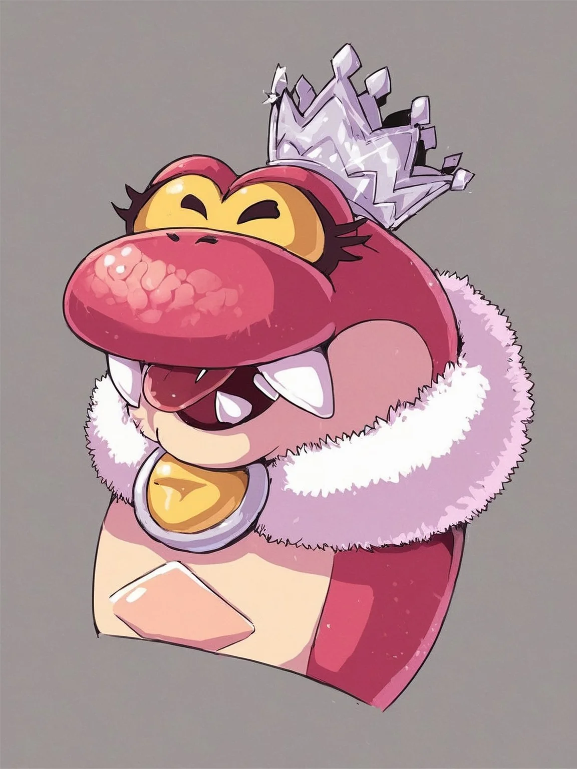 source_furry,
score_6.
score_7,
2d,
anime,
<1girl:1.5>,
<solo:1.5>,
<simple background:1.5>,
<white background:1.5>,
queen_hisstocrat, pink_snake, no humans, grey background, solo, crown, fangs, open mouth, closed eyes, simple background, pokemon (creature), fur trim, tongue, smile,
<lora:Queen_Hisstocrat-PonySDXL:1> queen_hisstocrat,
<lora:Pony_DetailV2.0:1>,