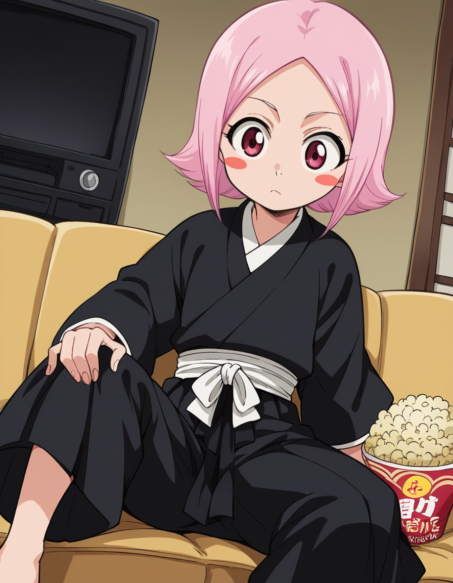 score_9, score_8_up, score_7_up, source_anime, <lora:yachiru-kusajishi-anime-ponyxl-lora-nochekaiser:1>, yachiru kusajishi, short hair, pink hair, pink eyes, blush stickers, forehead,, long sleeves, japanese clothes, hakama, black hakama,, living room, television, couch, popcorn, watching movie, night time, sitting,, , , elbow bent, hand on thigh, foot pointed, solo,, cowboy shot, dutch angle