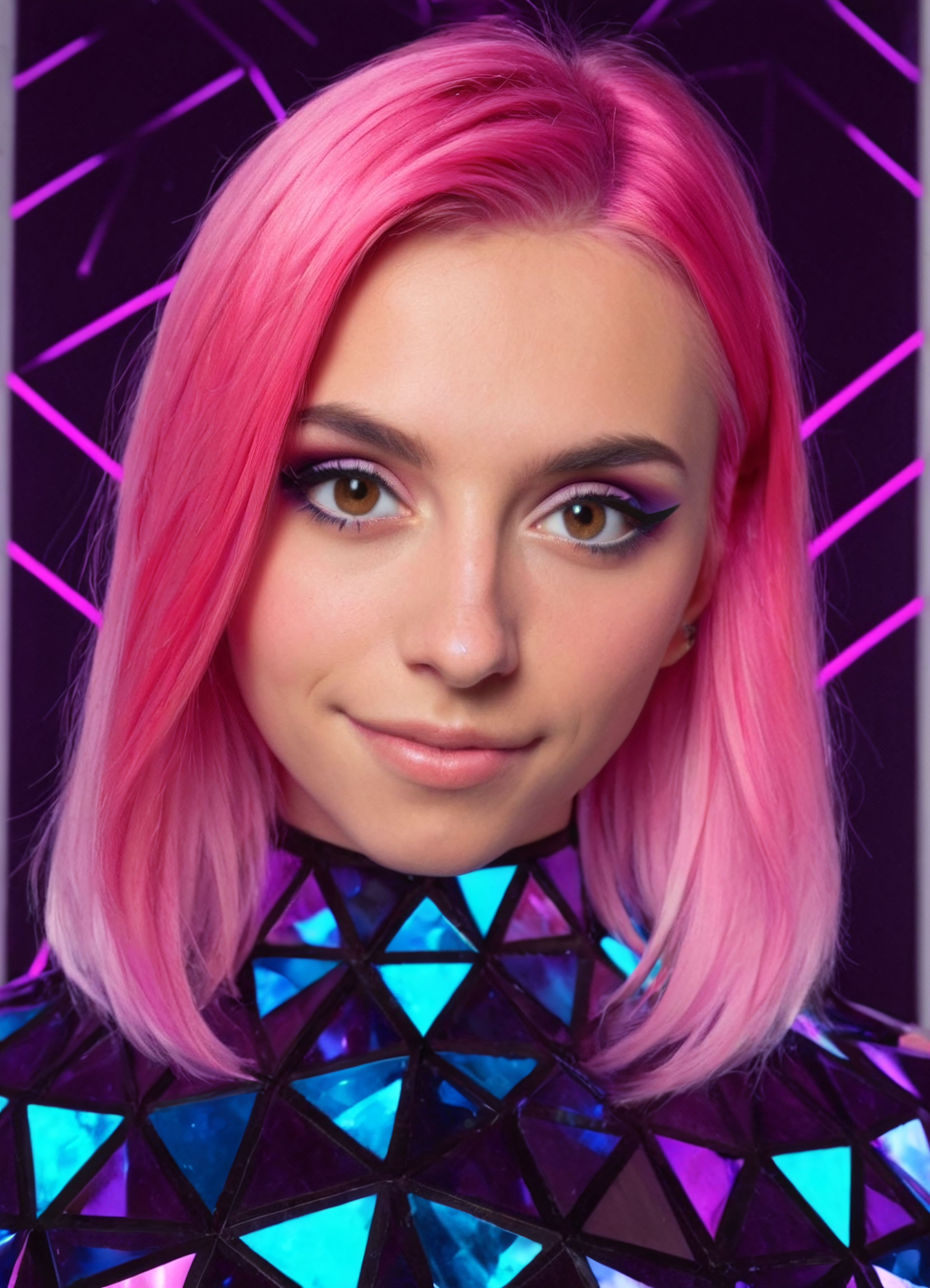 mentaldora, 1girl, brown eyes, dreamy expression, photo of a cute girl, soft smile light pink hair, two tone hair, eyeliner, close portrait, shardborn dancer framed in kaleidoscope, sci-fi warrior with gem-like armor, neon glow reflection, kaleidoglass, holographic facets, neon chromatic depth, angular geometry, refracted jewel tones, neon crystal texture, diamond grid, polygon temple bathed in refracted light <lora:neoncolors2_lora_f16:0.6000000000000001> <lora:mentaldora_v2:0.5000000000000001> <lora:kaleidoglass_v2_epoch_10:1.0000000000000002>