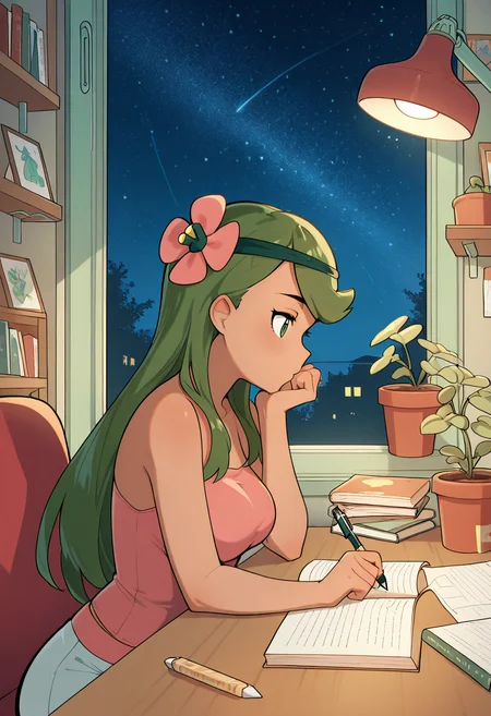 masterpiece, best quality, medium breasts, (curvy), BREAK, zzMallow, green hair, green eyes, hair flower, hair ornament, <lora:MallowPokemonIXL_e09:1.0>,zzLofi, sitting, side view, desk, chair, book, bookshelf, head rest, holding, holding pen, lamp, night, open book, pen, plant, potted plant, sky, star (sky), starry sky, window, windowsill, writing, , <lora:LofiGirl_Style_IXL:1.0>,