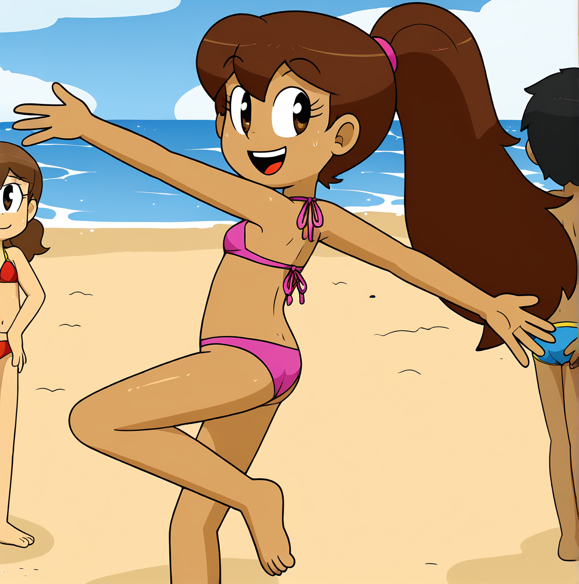 <lora:Xierra099s_style_r1:1> brown girl with high long ponytail wearing a bikini dancing on the beach, score 9