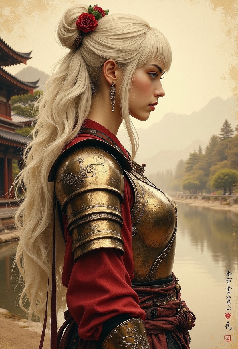 traditional japanese art in sepia, henna and carmine on rice paper, side portrait of japanese woman wearing fantasy leather and bronze plate armour, long bleached hair, bangs, against a backdrop of an edu-era Japanese palace, forest, mist