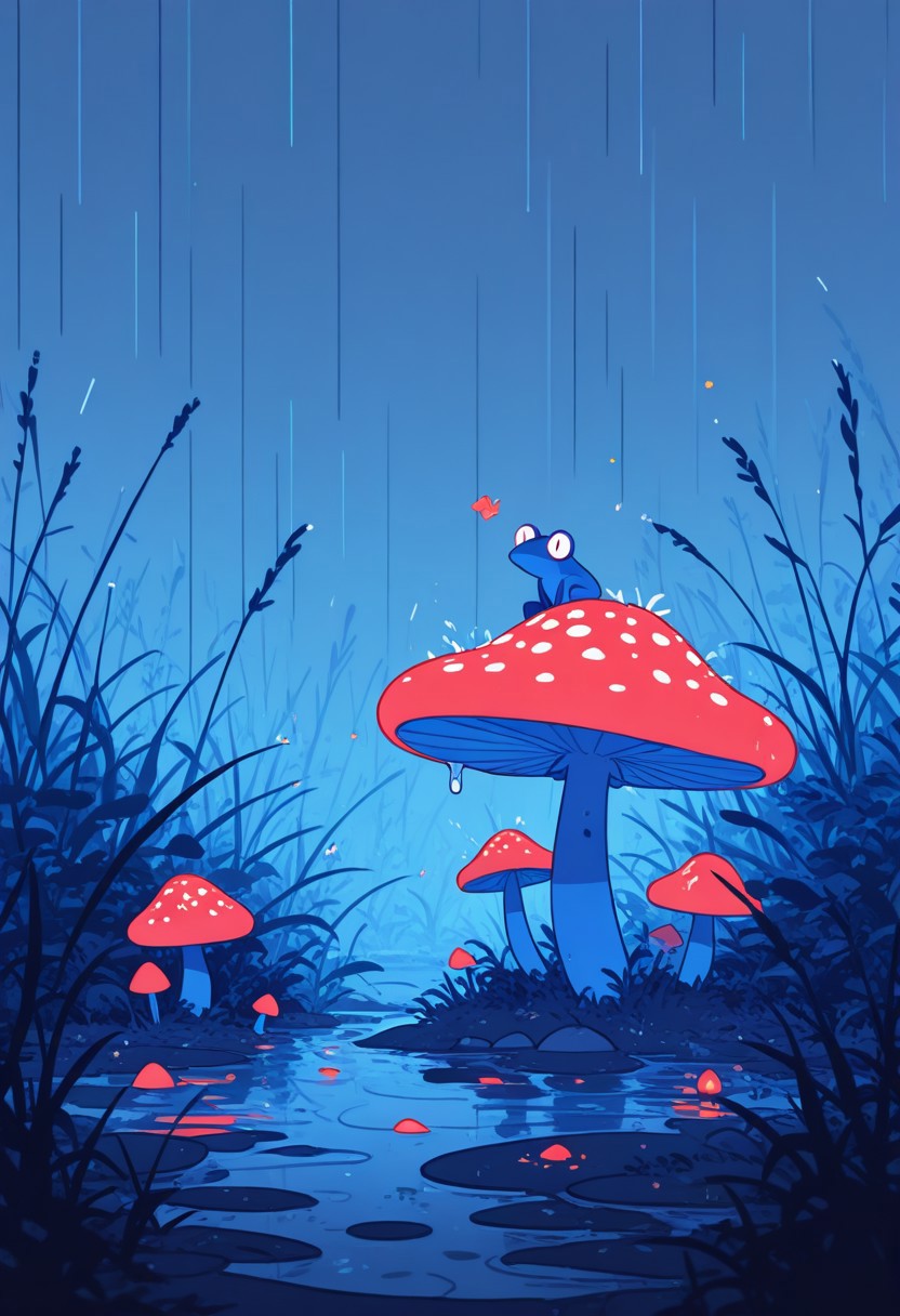 highres, very detailed, amazing quality, masterpiece,
very aesthetic, RBL-Illu, Flatline, Flat vector illustration,
particle effect, Cinematic, (flat lighting, flat color, flat design, no lineart:1),
a happy little frog sitting under a red mushroom, heavy rain, lush grass and swamp