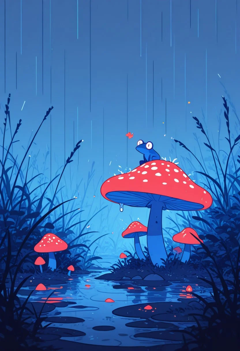 highres, very detailed, amazing quality, masterpiece,
very aesthetic, RBL-Illu, Flatline, Flat vector illustration,
particle effect, Cinematic, (flat lighting, flat color, flat design, no lineart:1),
a happy little frog sitting under a red mushroom, heavy rain, lush grass and swamp