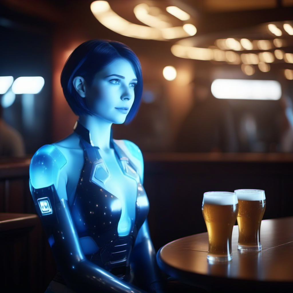 cinematic photo 1girl, short hair, blue skin, science fiction, hologram, having a beer in a pub  <lora:Cortana1024:0.8> . 35mm photograph, film, bokeh, professional, 4k, highly detailed