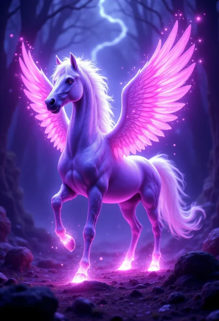An epic arcane pegasus stands majestically in an ethereal, mystical landscape, its body shimmering with swirling, magical energy that pulses and shifts in hues of vibrant pink and deep purple. Its mane and tail are flowing streams of pure arcane power, glowing with a soft radiance interspersed with bursts of sparkling starlight. The wings are vast and translucent, outlined with glittering runes that flicker and shift, leaving trails of glowing, mystical symbols and cascading particles of enchanted light as they stretch wide. Its eyes shine with a piercing brilliance, like twin stars imbued with cosmic wisdom, and its hooves leave trails of luminous runes on the ground beneath, which fade into a soft, iridescent glow. The surrounding environment is bathed in the pegasus's magical aura, with floating, glowing crystals and swirling, violet-hued mists adding to the otherworldly beauty. This mythical creature exudes elegance, power, and a transcendent energy, as though it were born from the very essence of the arcane cosmos