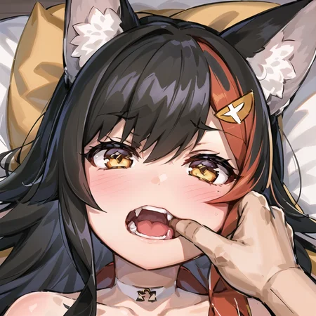 2d, masterpiece, best quality, anime, highly detailed eyes, highly detailed face, highly detailed background, bedroom, fiday, pov, pov hands, finger in another's mouth, open mouth, ookami mio, hololive, virtual youtuber, black hair, medium hair, orange eyes, wolf ears, wolf girl <lora:fang inspection day:0.7> <lora:ookami mio:0.8>