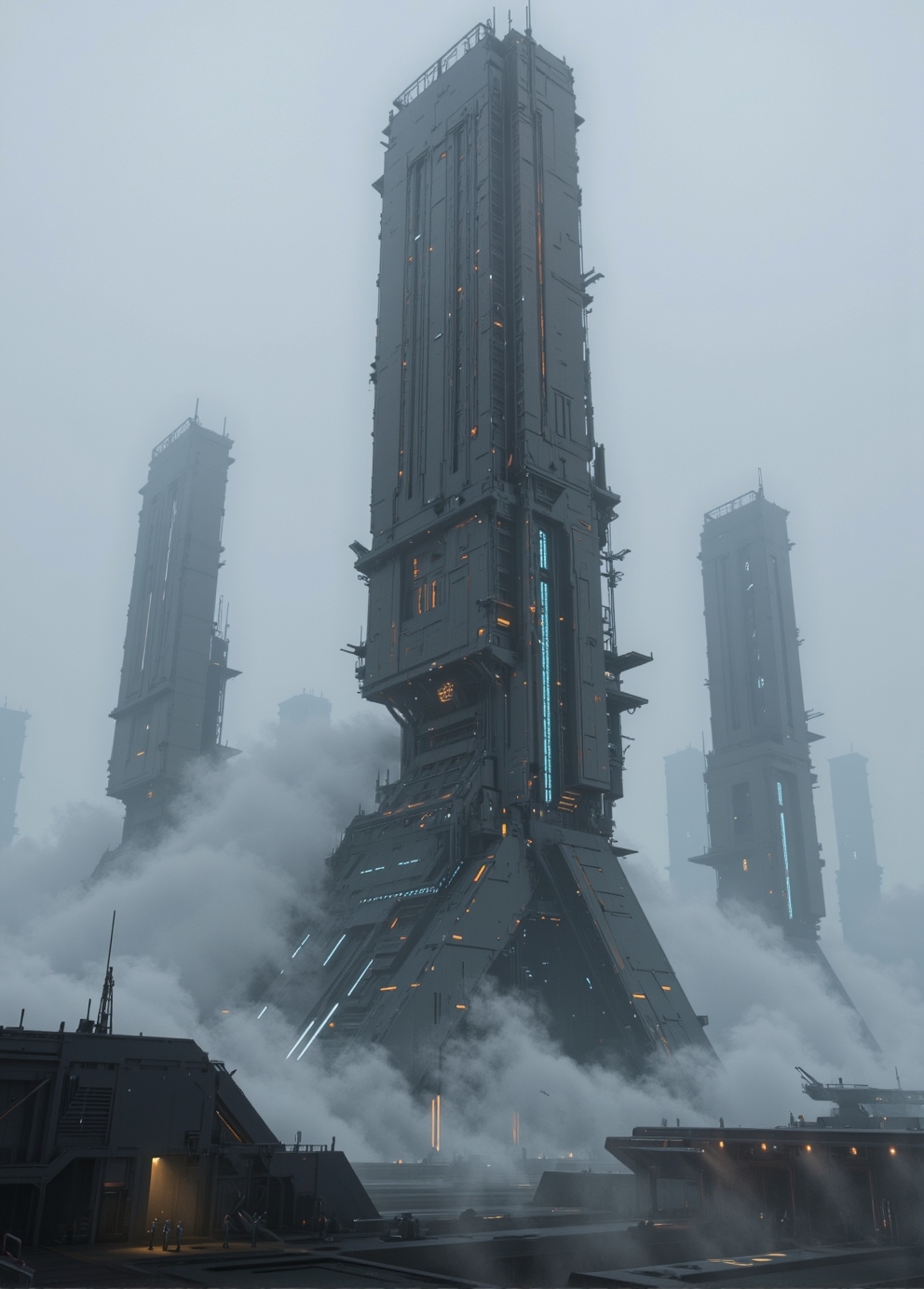 <lora:ck-Sci-Fi-Concepts:0.7>, in the style of ck-sfc, Visualize Artemis Station as a towering, enigmatic structure rising from a cold, fog-laden world. The massive spires stretch skyward, their dark metallic surfaces glistening with condensation from the mist. Each tower is adorned with intricate, glowing lines of orange and blue lights, hinting at the advanced technology within. The fog is thick at ground level, muffling sounds and creating an eerie, quiet atmosphere, while faint mechanical hums reverberate through the air. In the distance, other towering monoliths fade into the fog, creating a sense of endlessness. The lighting is soft and diffused, with occasional beams piercing through the fog from docking bays, casting long, dramatic shadows. The camera is set at ground level, looking up at the overwhelming scale of the station, emphasizing its imposing and mysterious nature. no humans.
<lora:flux.1_lora_flyway_Epic-detail_v2:0.6>
 <lora:CPA:0.5>
 <lora:BLUE_mk4_angel_FLUX_01:0.30>