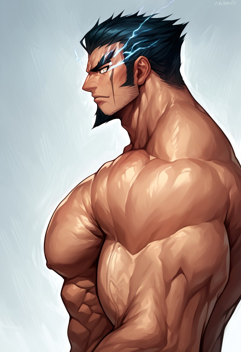 score_9,score_8_up,score_7_up, detailed face, detailed body, detailed eyes, Highest Quality, 4k, masterpiece, Amazing Details, source_anime, nekomaru_nidai, side view, portrait, solo, 1boy, muscle, big pecs, big muscles, calm, looking to viewer, bara, face focus, nude,