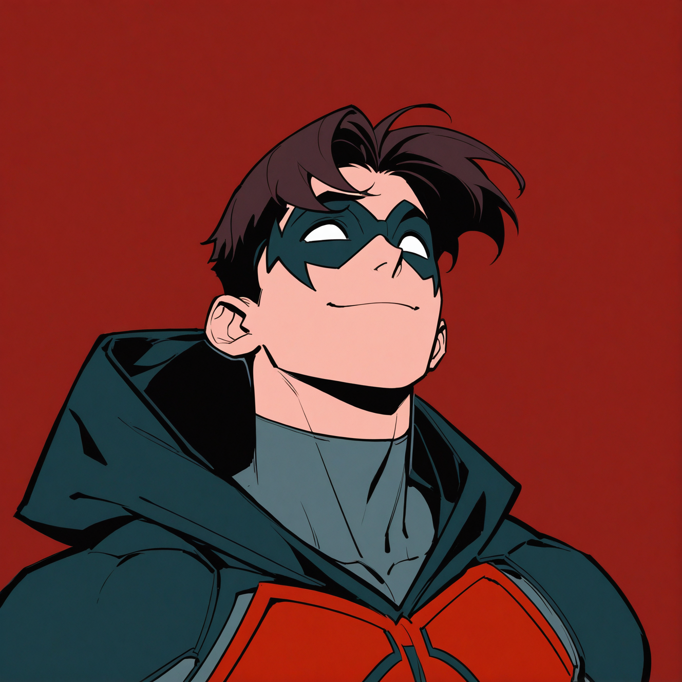 <lora:TIM_DRAKE:1>tim_drake, solo, smile, short hair, simple background, brown hair, black hair, 1boy, closed mouth, upper body, male focus, hood, mask, bodysuit, looking up, red background, black bodysuit, white eyes, superhero, red bodysuit, covered collarbone, domino mask, eye mask, two-tone bodysuit, grey bodysuit, red mask, western comics (style), shirt, jacket, cape, black cape, twenty-something, muscular, western comics (style), motion blur, film grain, abstract, natural lighting, fantasy, cinematic, dynamic, very awa, masterpiece, best quality, absurdres, newest, perfect quality, detailed background, intricate details, (artist:fl \(l-fl\):0.7), (artist:tooboshoo:0.7), (artist:dizdoodz:0.8)