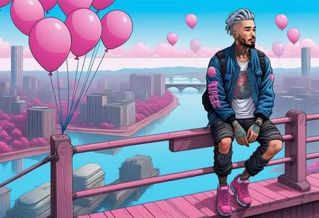 anime, a man with tattoos on his face rested on the railing of a bridge, city day, holiday, pink and blue balloons, a bridge with wooden columns and arches, a wooden floor ,(((light silver hair))), 
a couple of large buildings, pink background, day, tall buildings, cyberpunk, cyberpunk art, retrofuturism<lora:Cyberpunk _Anime_sdxl:1.0>, vfx environment, ambient occlusion, highlights, corect eyes, black jacket with bedding,(((high - rise buildings)))