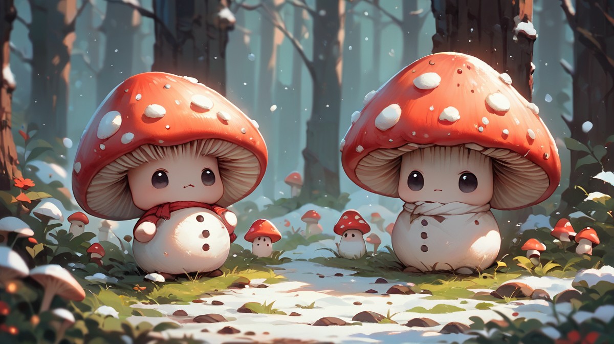 score_9, score_8_up, score_7_up, score_6_up,cute mushroom,  red cap covered in white spot, many cute mushrooms serious, angry, chibi,black eyes, snow, snowman,grass,  <lora:cute_mushroom:1>