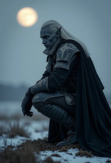 A powerful and enigmatic warrior with dark, coal-gray drow skin and silver-white hair . He has an ethereal and otherworldly presence, with small and sharp elf-like ears and clad in dark armor with sharp archaic glyphs . his expression is somber and introspective as he crouches quietly, staring past the viewer, into the distance, in a cold and desolate landscape under a dim, moonlit sky. his armor is adorned with various ancient glyphs , giving an air of and mysticism. The atmosphere around him is dark and moody, with a cold gray hue that accentuates his powerful, stoic presence. The overall scene conveys a sense of solitude, strength, and loss , as though he is a guardian of a fallen, forgotten realm."
aidmaHyperrealism