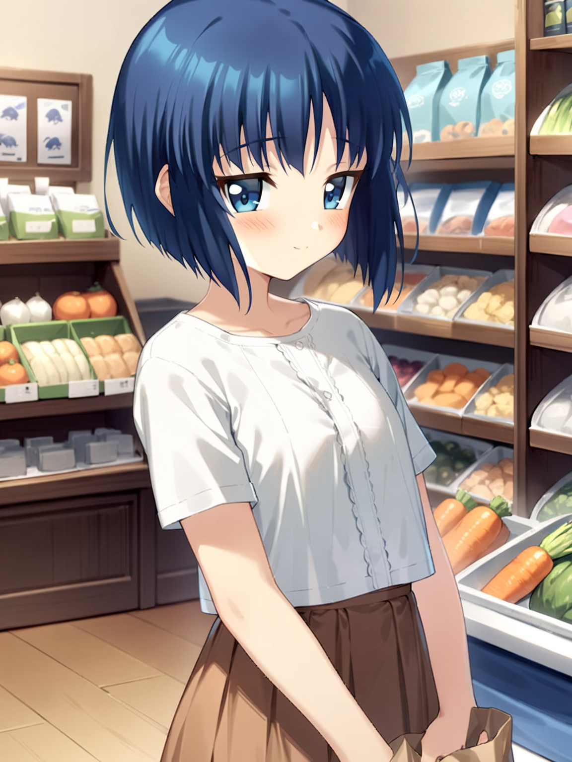 1girl, kaede, kizuato, white shirt, brown skirt, short sleeve, looking at viewer, 
standing in store, vegitables in holding shoping bag, little smile, blush,
(from front:1.5),
masterpiece, best quality, very aesthetic, absurdres, latest, ''
<lora:kaede-xl-v2-000020:0.8>