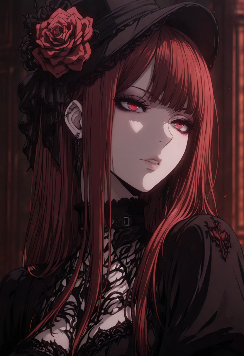 masterpiece, best quality, good quality, highres, absurdres, newest, very awa, very aesthetic,
an4c4p
1girl, solo,
red hair, hat, hair flower, gothic,
<lora:AnCol:1>,
<lora:noobai_vpred_1_masterpieces_v23:0.5>,
<lora:illustriousXL_stabilizer_v1.23:0.4>,
