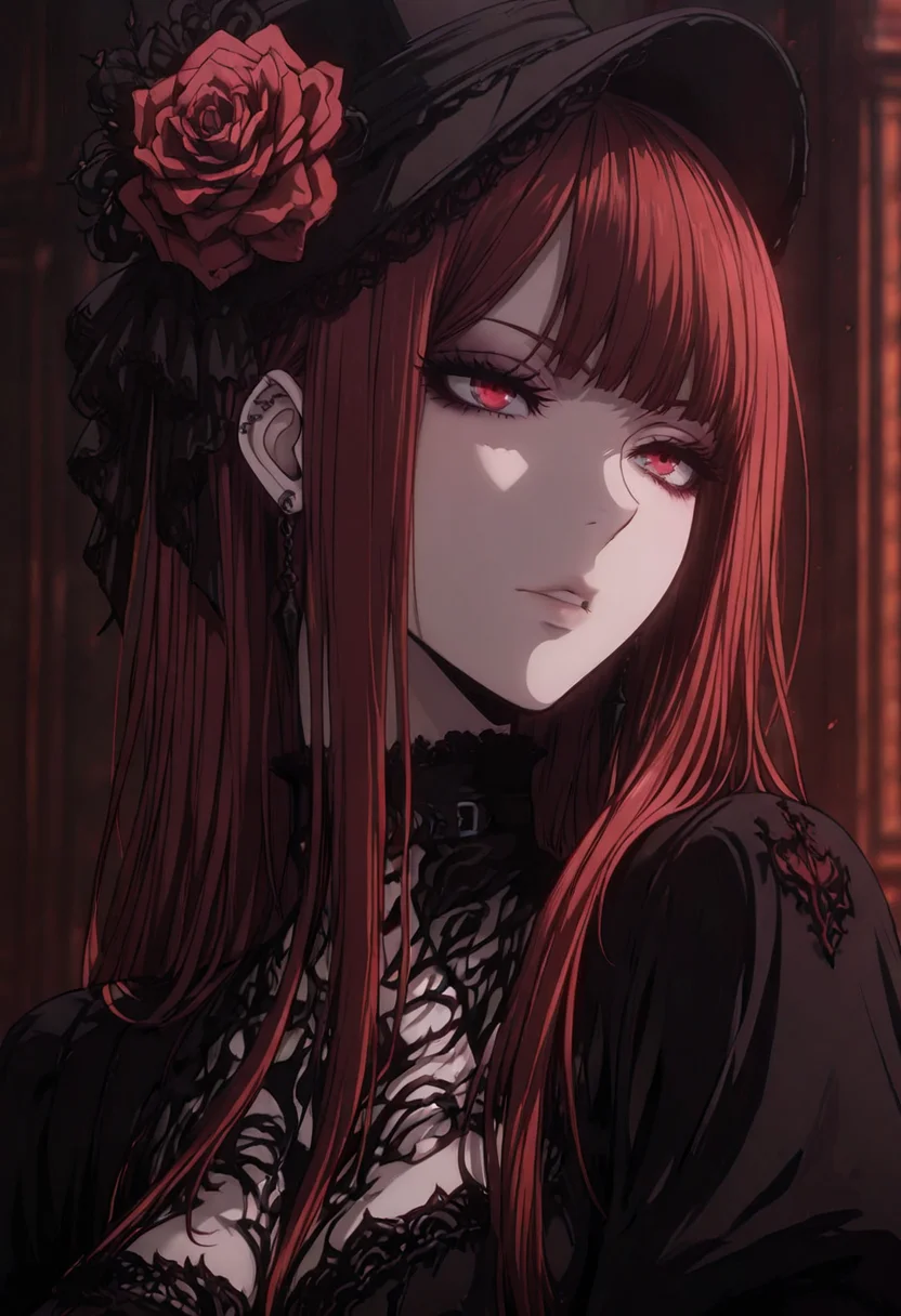 masterpiece, best quality, good quality, highres, absurdres, newest, very awa, very aesthetic,
an4c4p
1girl, solo,
red hair, hat, hair flower, gothic,
<lora:AnCol:1>,
<lora:noobai_vpred_1_masterpieces_v23:0.5>,
<lora:illustriousXL_stabilizer_v1.23:0.4>,