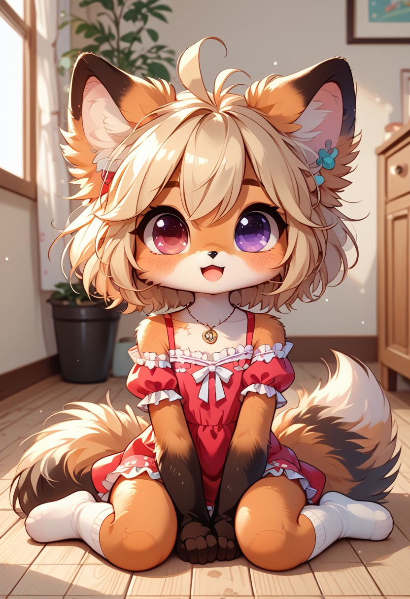 score_9, score_8_up, score_7_up, score_6_up, score_5_up, score_4_up, MegaFluffyPony, furry, fluffy, Ultra tiny short toddler, anthro fox, furry, chibi, baby, indoors, tail, sakura fur, heterochromia, pink eye, purple eye, blonde hair, short hair, cute girl, cute princees dress, detailed dress, sitting on floor, open mouth, smiling