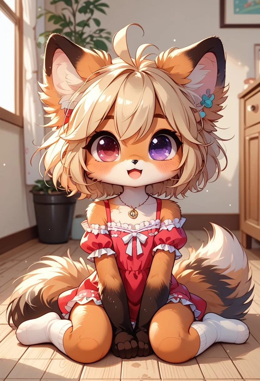 score_9, score_8_up, score_7_up, score_6_up, score_5_up, score_4_up, MegaFluffyPony, furry, fluffy, Ultra tiny short toddler, anthro fox, furry, chibi, baby, indoors, tail, sakura fur, heterochromia, pink eye, purple eye, blonde hair, short hair, cute girl, cute princees dress, detailed dress, sitting on floor, open mouth, smiling