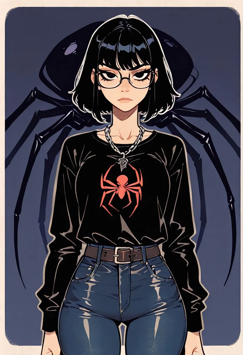 score_9, score_8_up, score_7_up, masterpiece, best quality, very aesthetic, detailed face, (dynamic:1.1), incoth, (incase:0.6), partial illumination, thick linework, illustration, The image features a character with short black hair styled in a messy, edgy farmer fashion. She wears a fitted black top with long sleeves, highlighting her figure, and a chain necklace with a prominent pendant. The character has glasses and an intense expression, adding to her confident demeanor.
Her midsection is exposed, and there is a striking spider design tattooed on her abdomen, which adds an intriguing element to her appearance. The character is paired with dark blue jeans that emphasize her silhouette. The background is plain, enhancing the focus on the character. the image conveys a mix of attitude and style, combining elements of fashion with a hint of edgy artistry.
