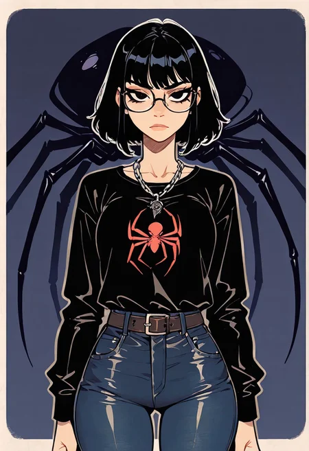 score_9, score_8_up, score_7_up, masterpiece, best quality, very aesthetic, detailed face, (dynamic:1.1), incoth, (incase:0.6), partial illumination, thick linework, illustration, The image features a character with short black hair styled in a messy, edgy farmer fashion. She wears a fitted black top with long sleeves, highlighting her figure, and a chain necklace with a prominent pendant. The character has glasses and an intense expression, adding to her confident demeanor.
Her midsection is exposed, and there is a striking spider design tattooed on her abdomen, which adds an intriguing element to her appearance. The character is paired with dark blue jeans that emphasize her silhouette. The background is plain, enhancing the focus on the character. the image conveys a mix of attitude and style, combining elements of fashion with a hint of edgy artistry.